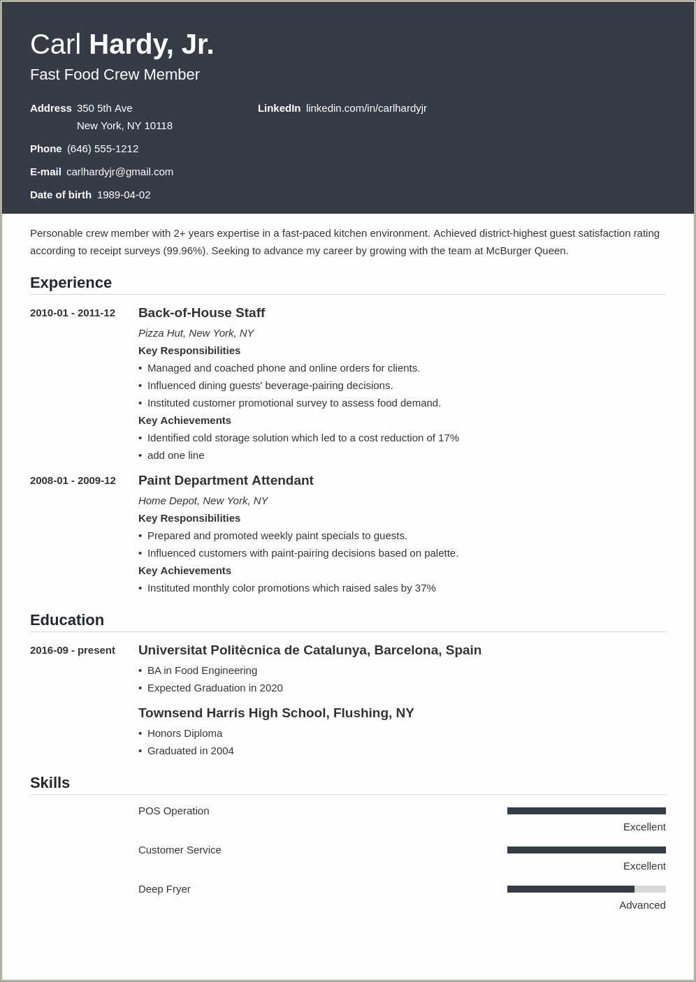 Resume Examples For Cook At Fast Food Restaurants