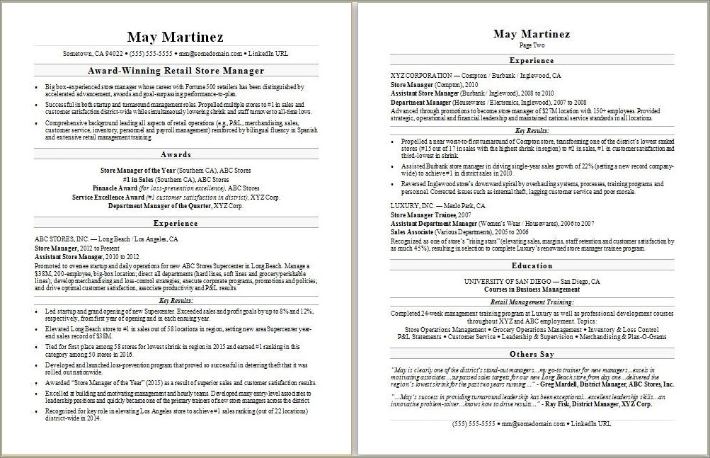 Resume Examples For District Manager