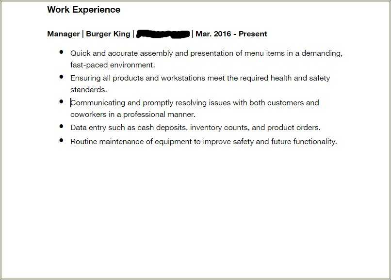 Resume Examples For Fast Food Cashier