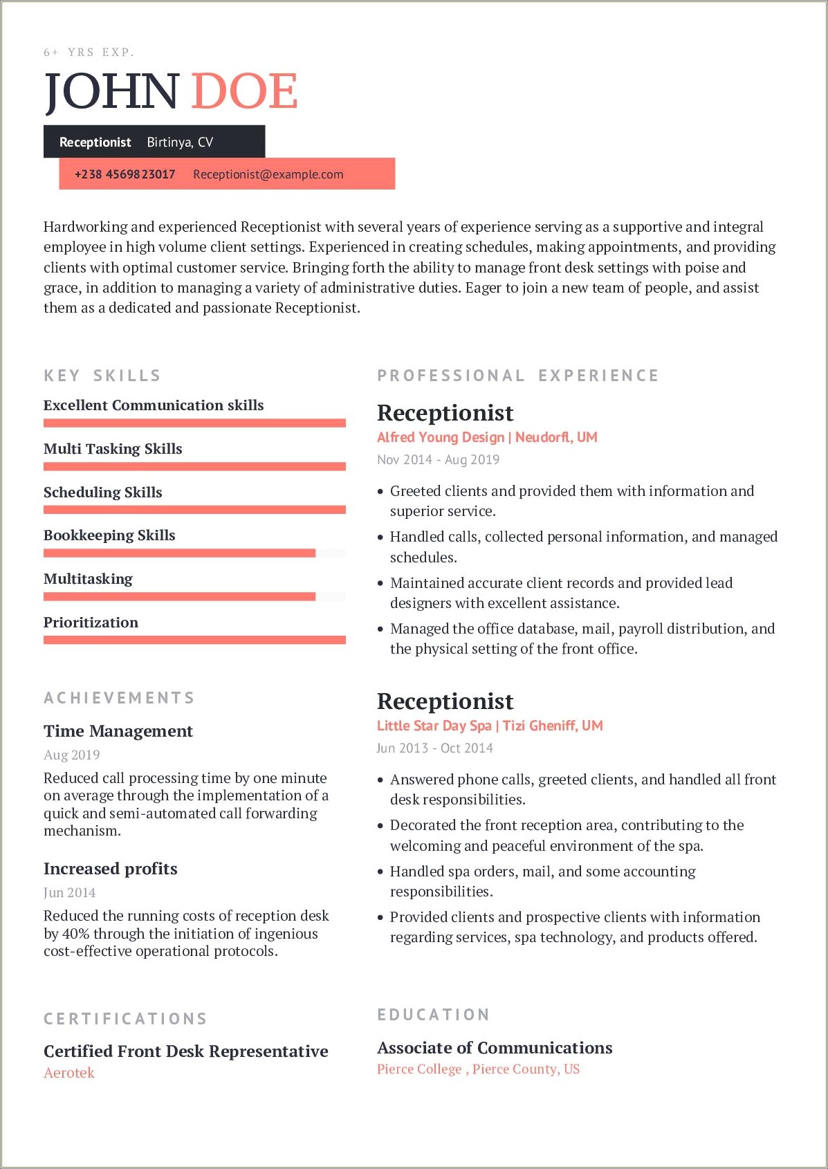 resume for spa receptionist