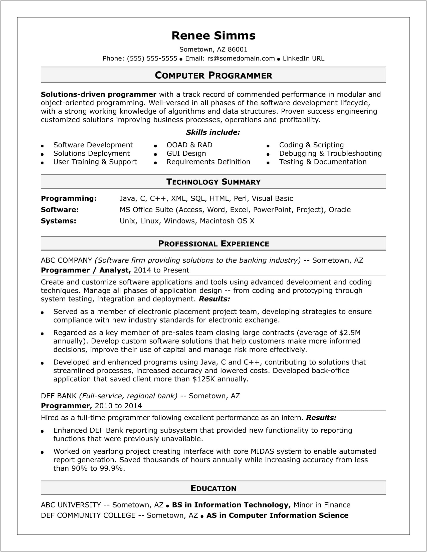 Resume Examples With Computer Experience