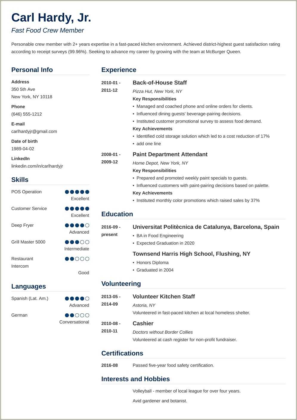 Resume Fast Food Restaurant No Experience