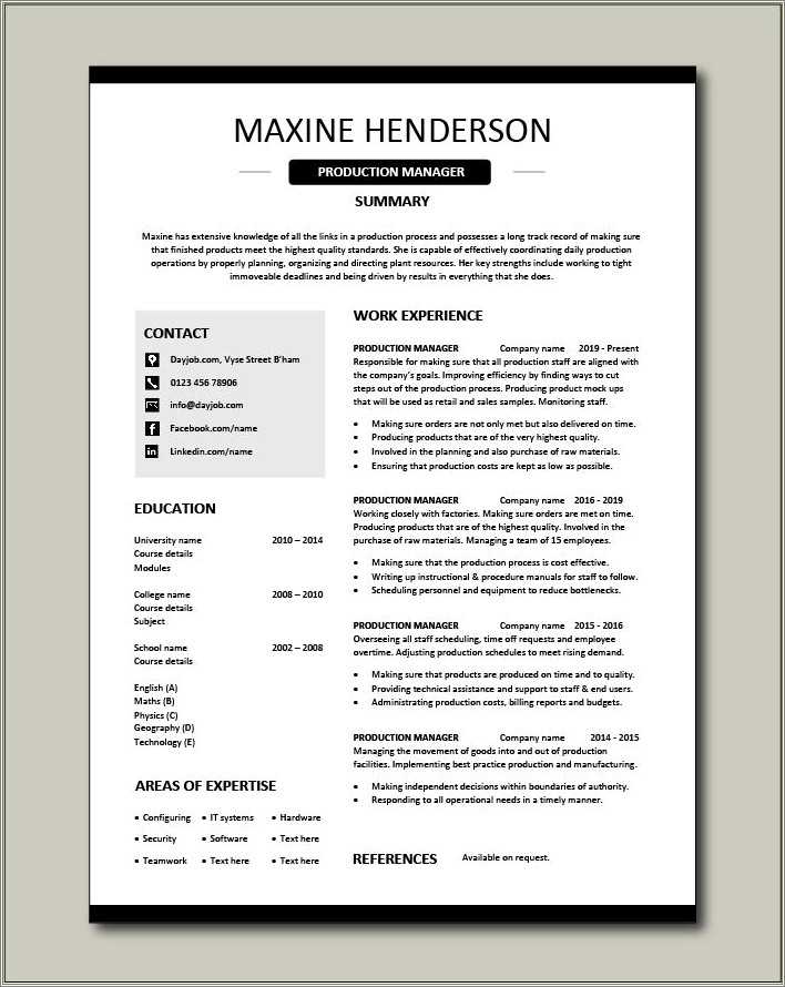 Resume For A Production Manager