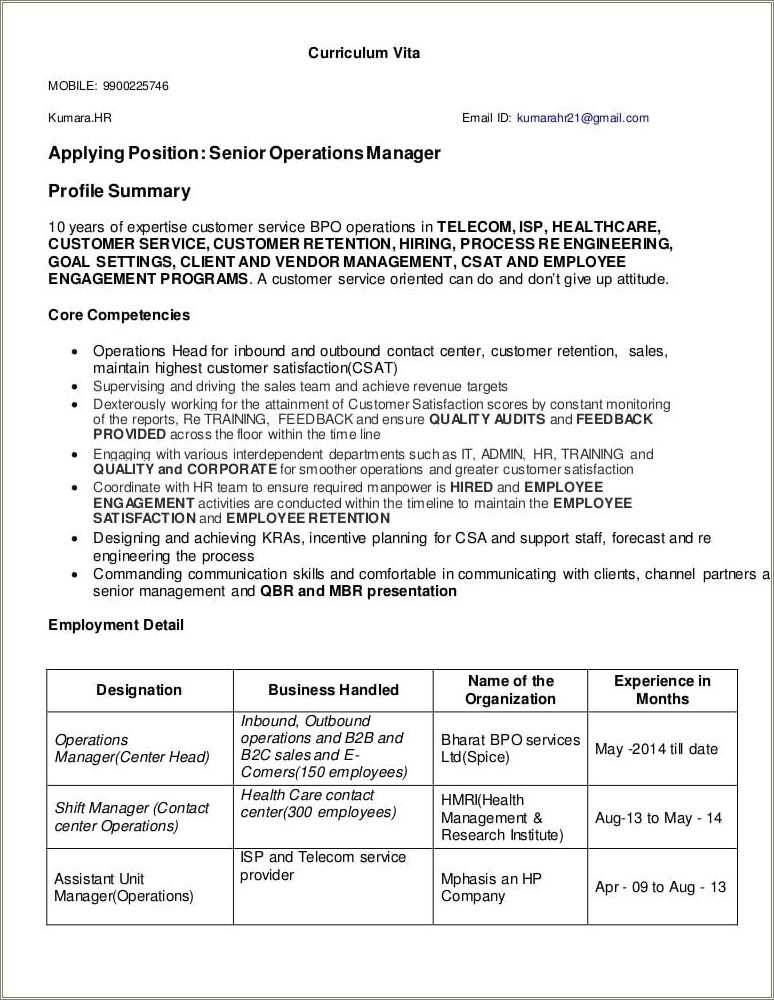 Resume For Assistant Manager In Bpo