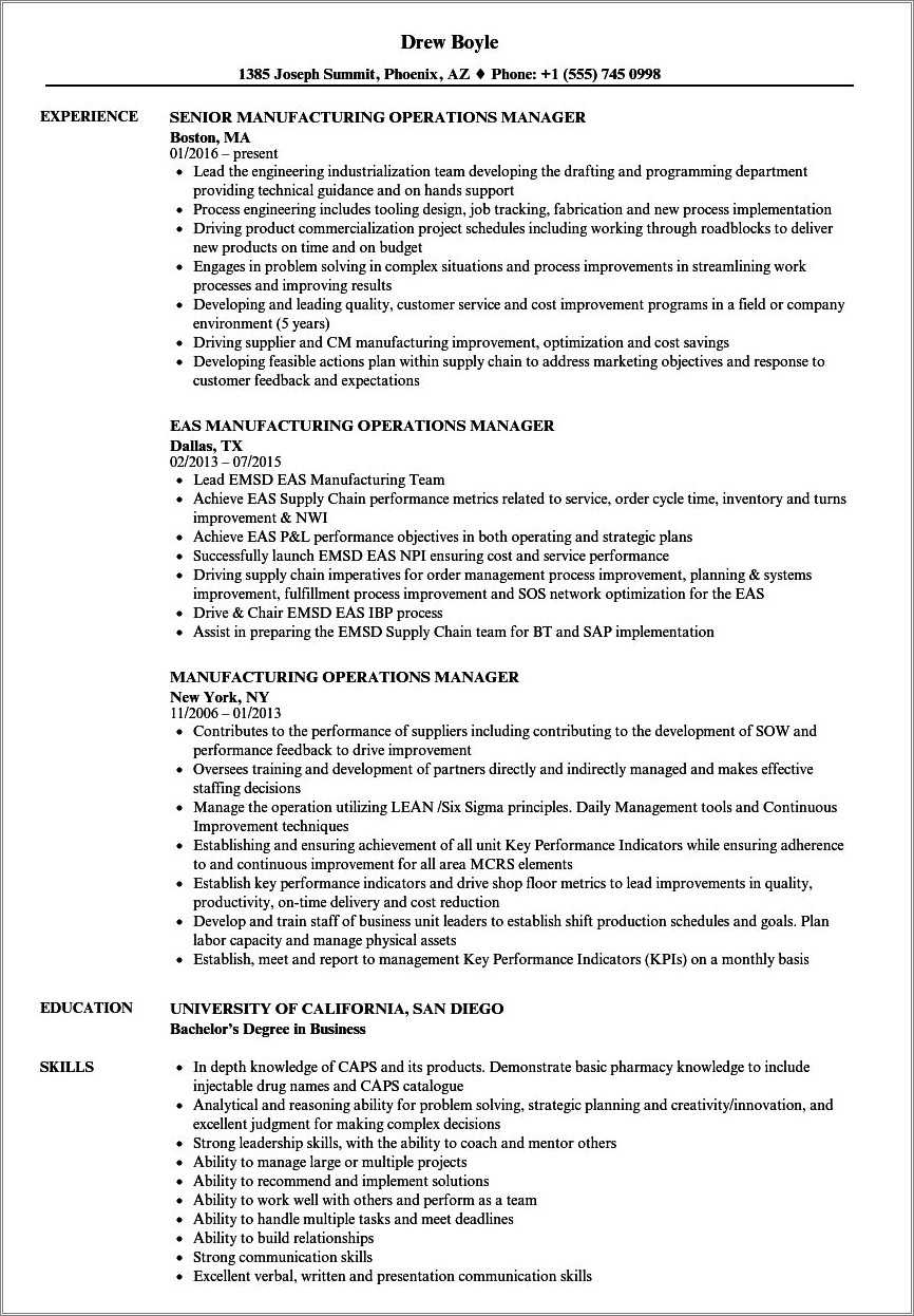 Resume For Manager Operation Production Manager