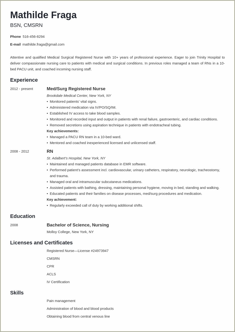 Resume For Registered Nurse With 1 Year Experience