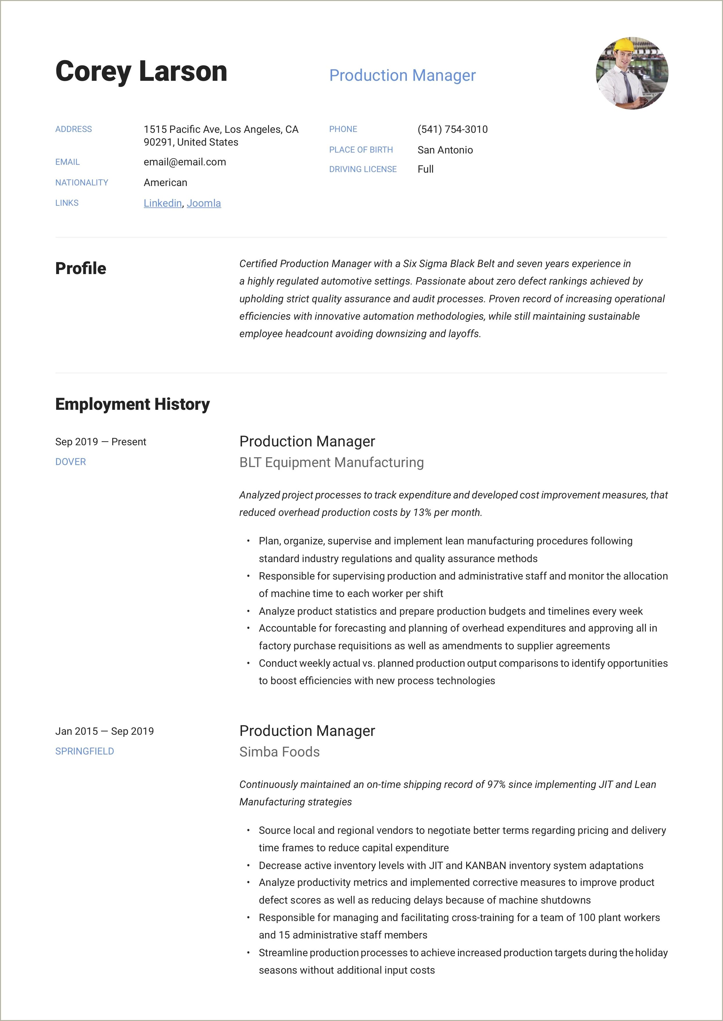 Resume Objective Examples Production Manager