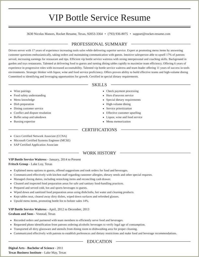 Resume Objective For Bottle Service Resume Example Gallery