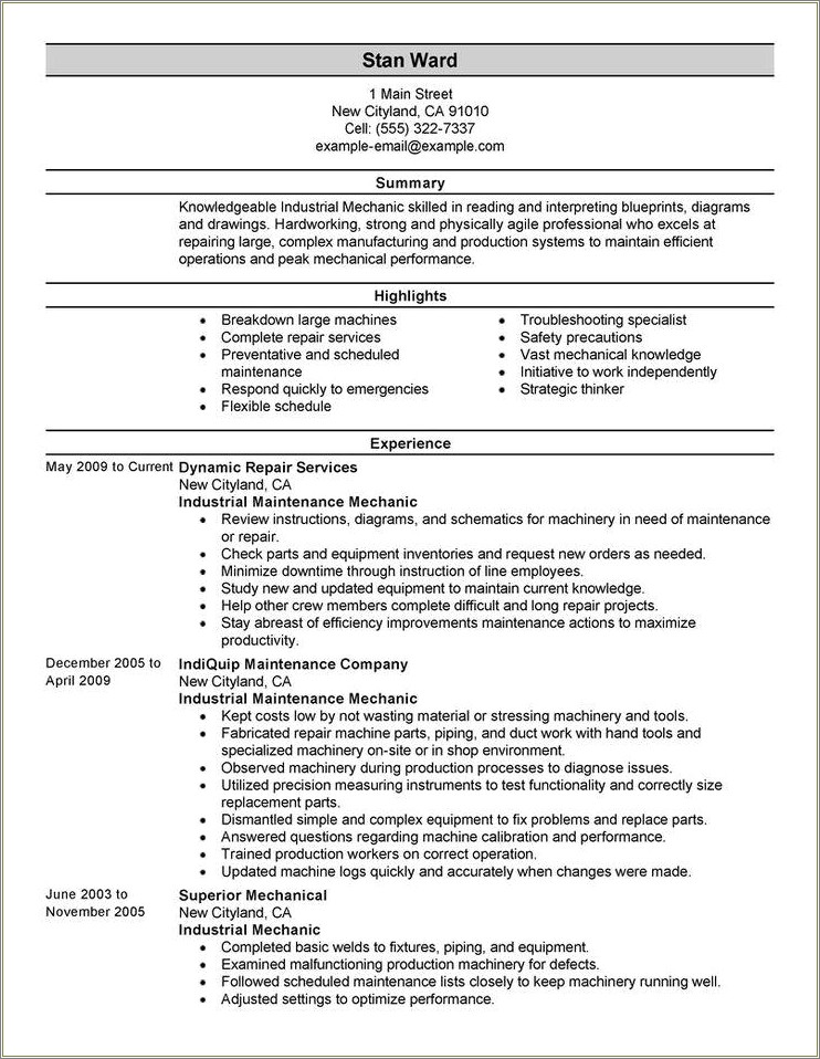 Resume Objective For Maintenance Mechanic