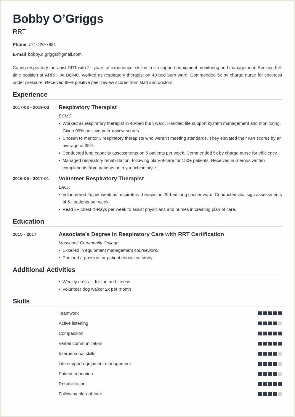Resume Objective For Respiratory Therapist