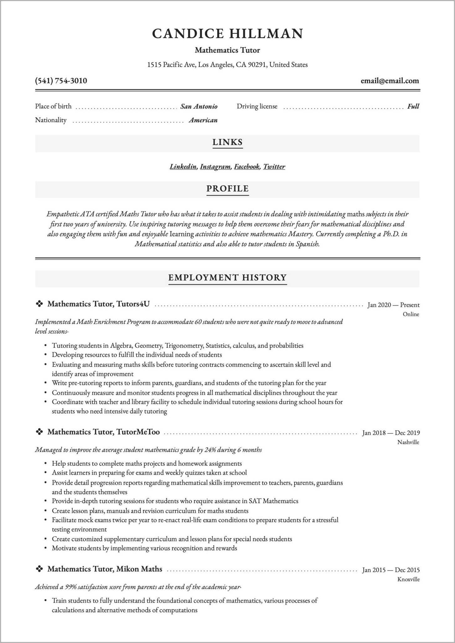 Resume objective for tutoring examples resume example gallery