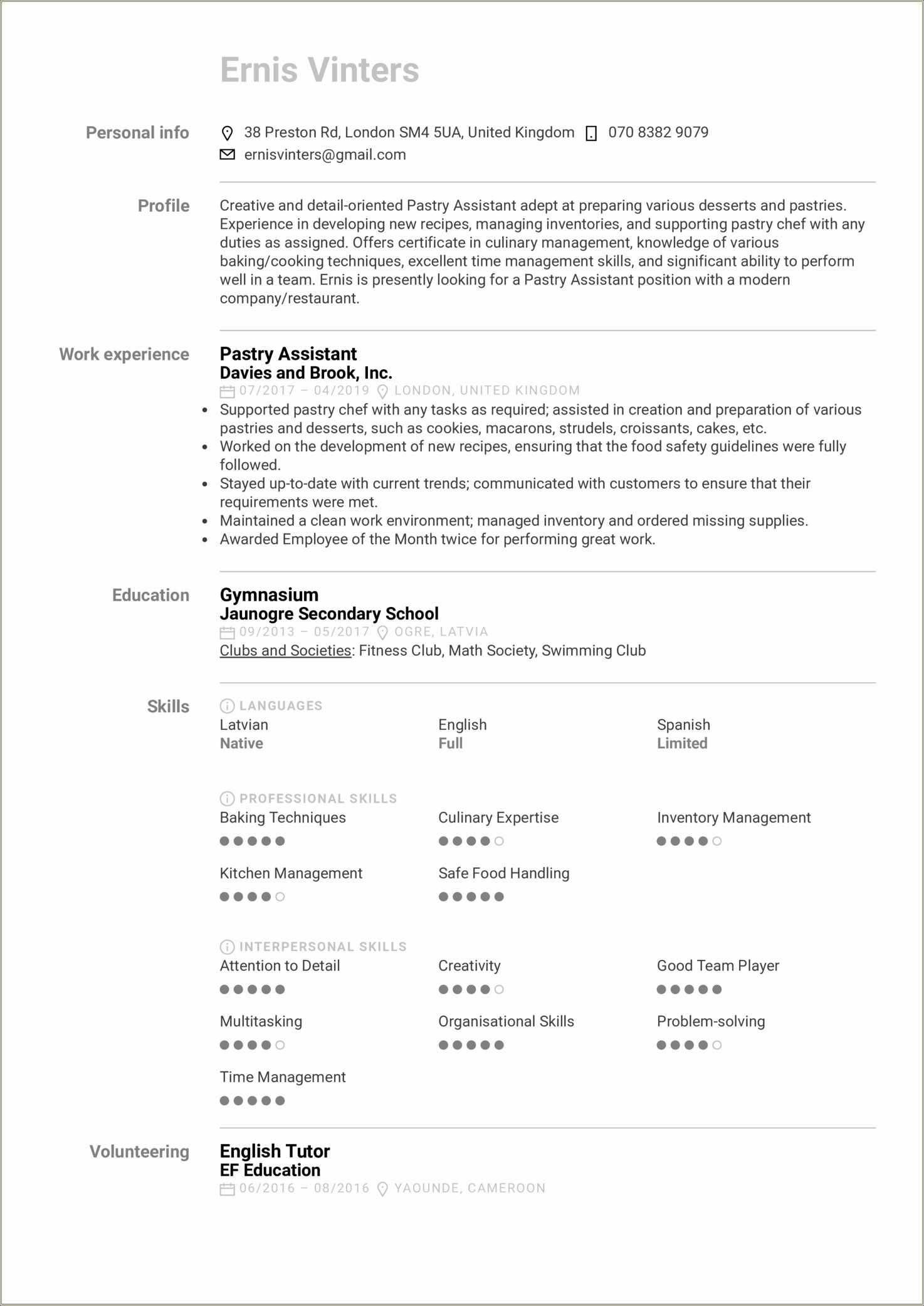 Resume Objectives For Pastry Chef