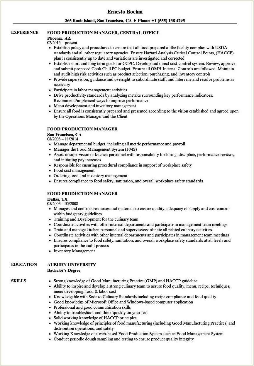 Resume Of Production Manager Doc
