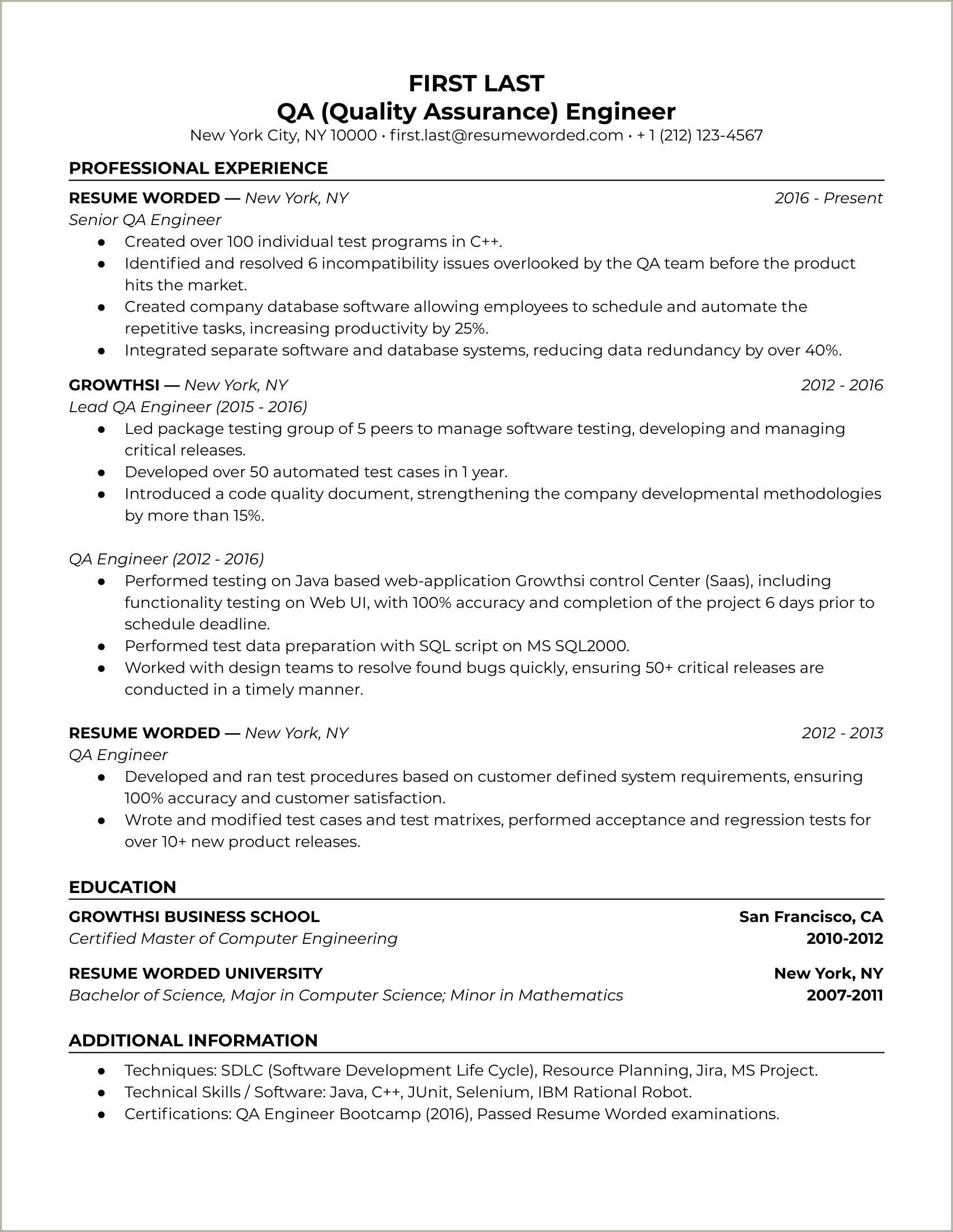 Resume Of Software Quality Manager - Resume Example Gallery