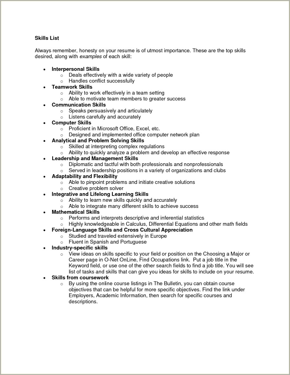Resume Sample List Of Skills