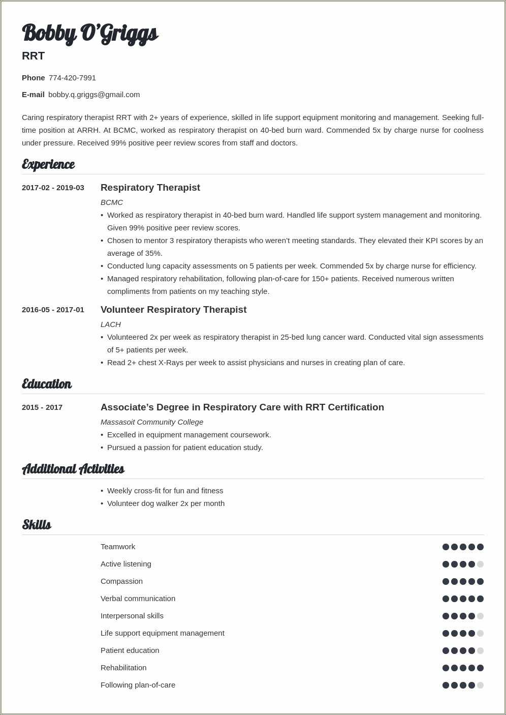 Resume Samples For Respiratory Therapist