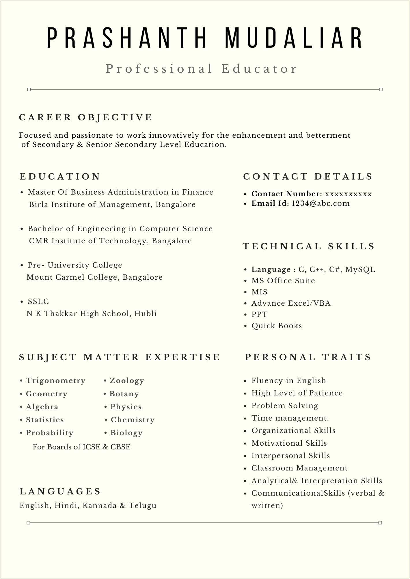 resume format for kannada teacher