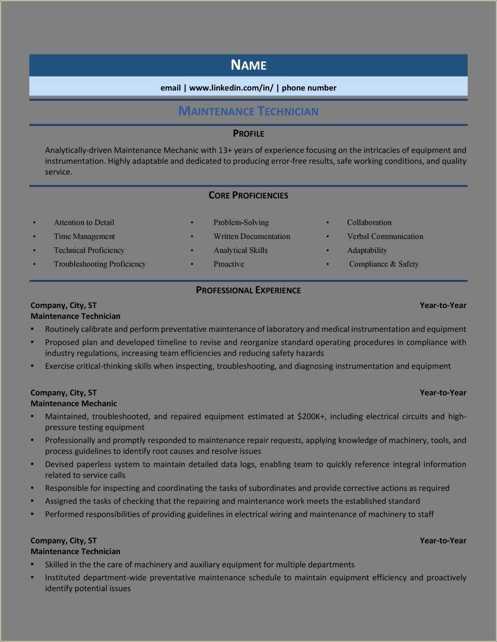 Resume Summary Examples Maintenance Mechanic
