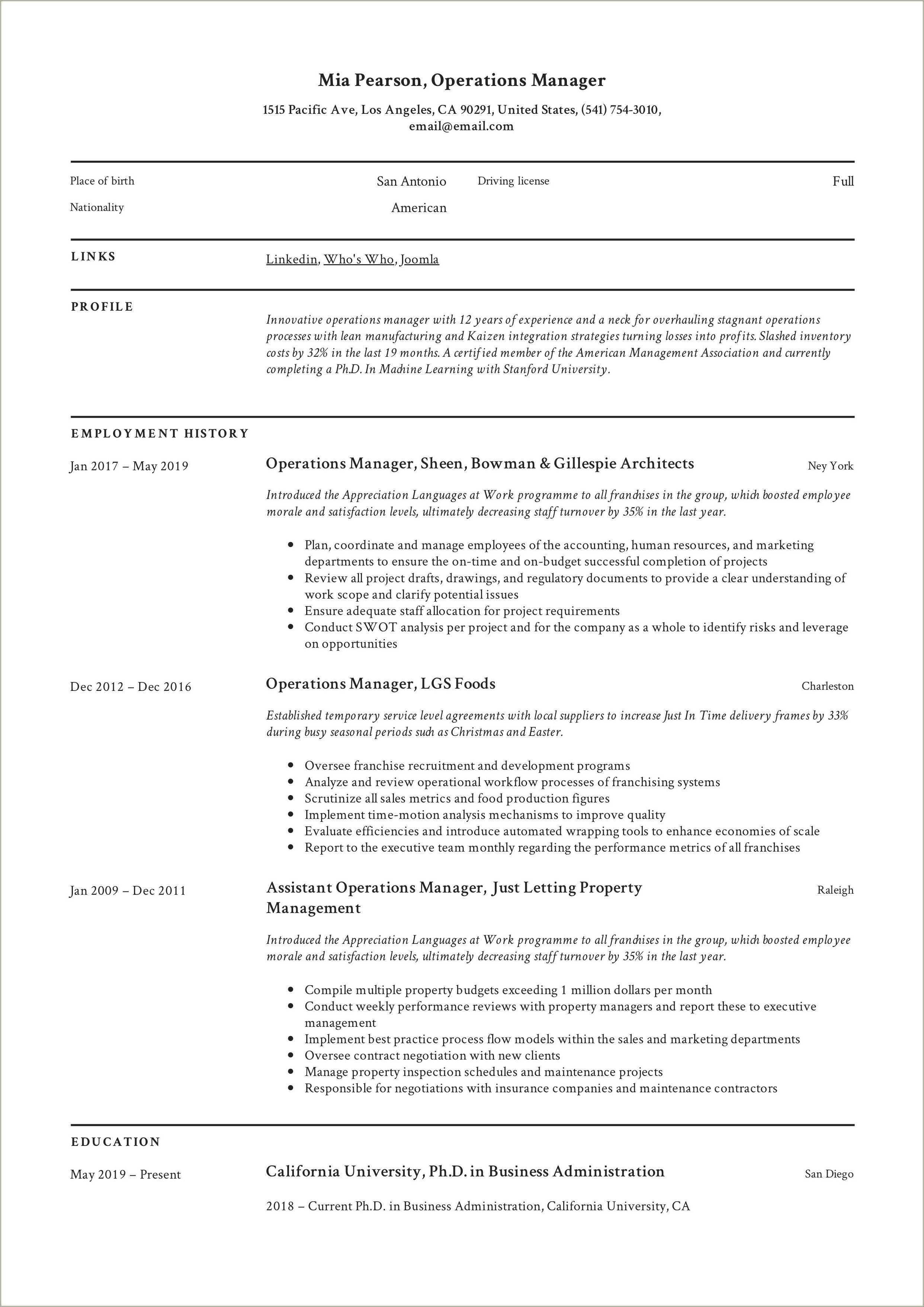 Resume Summary Of Operations Manager