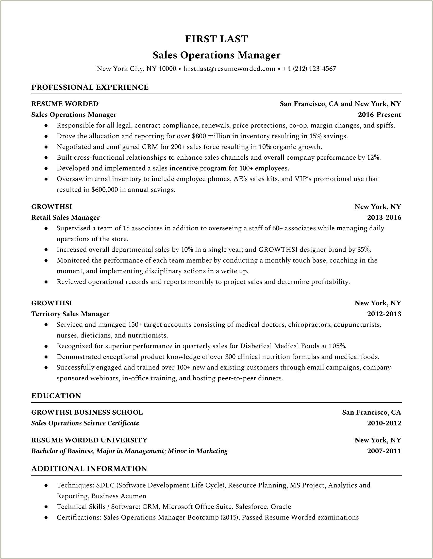 Sales Operations Manager Resume Summary