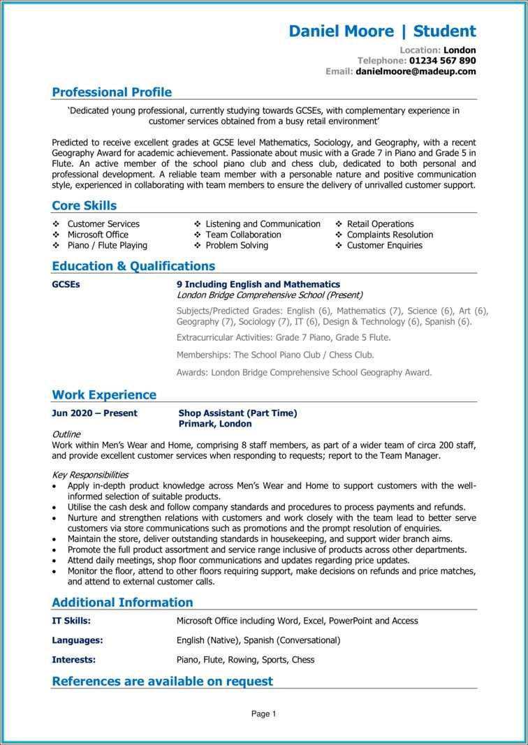 Sample Copy Of Student Resume