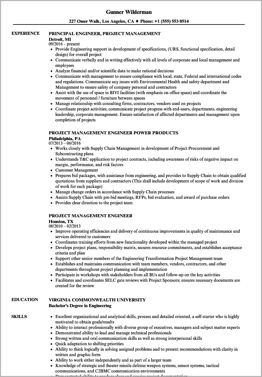 Sample Engineering Project Manager Resume - Resume Example Gallery