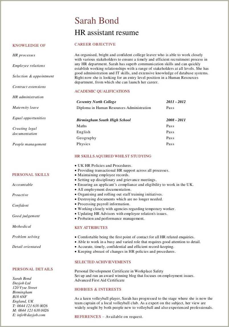 Sample high school hr resume resume example gallery