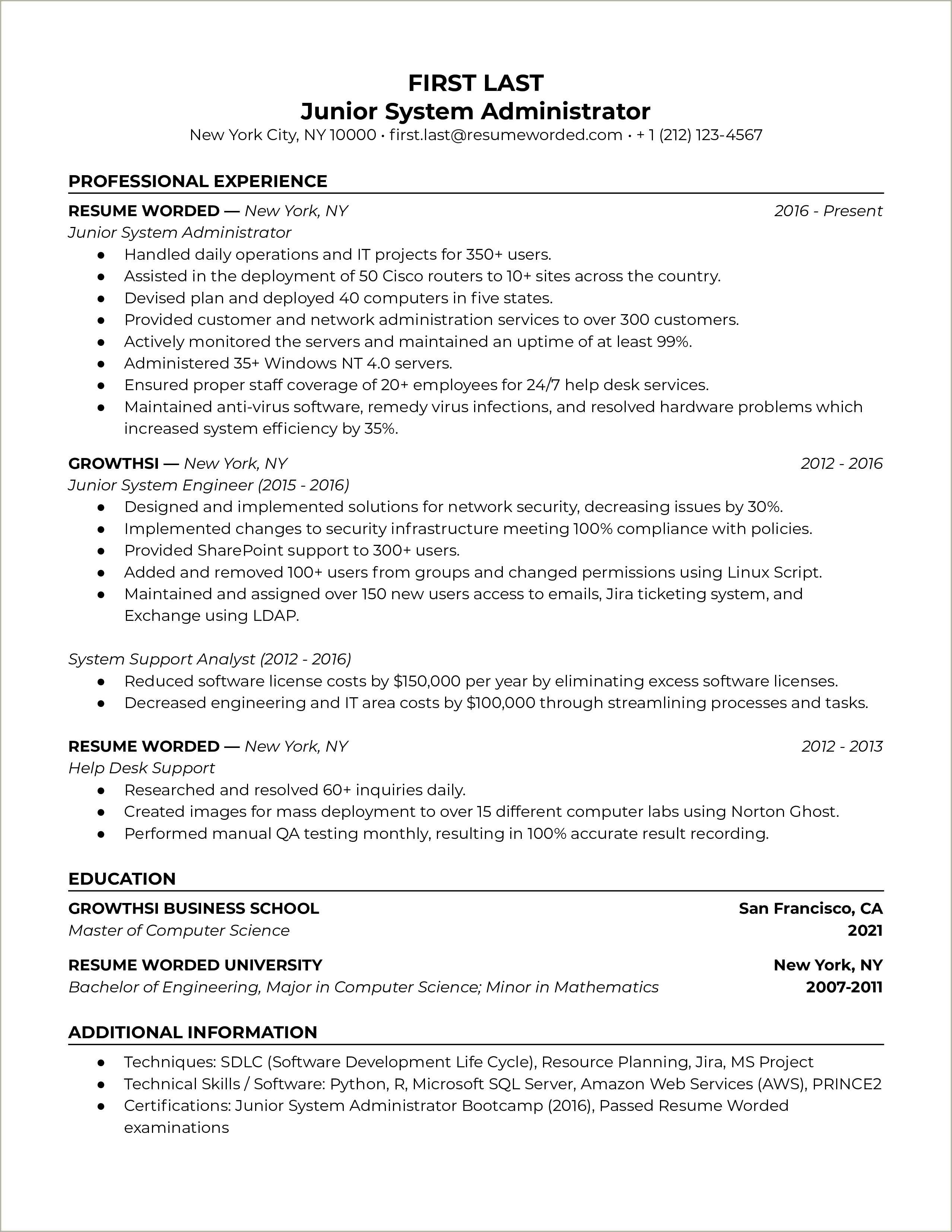 Sample Junior Network Administrator Resume