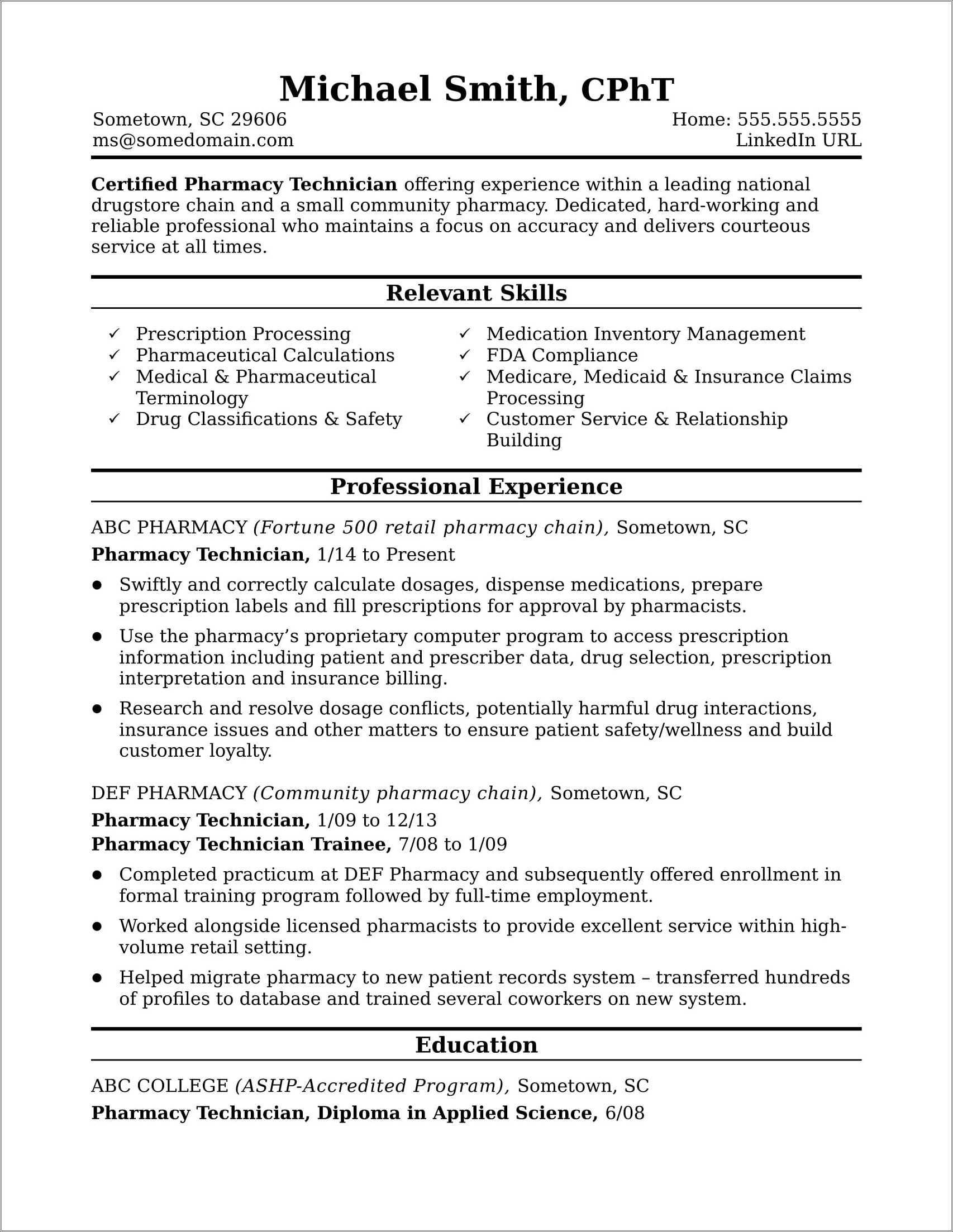 Diploma In Pharmacy Resume Sample - Resume Example Gallery