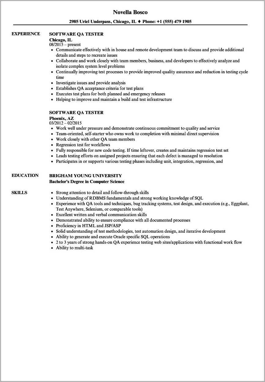 Sample Qa Manual Tester Resume