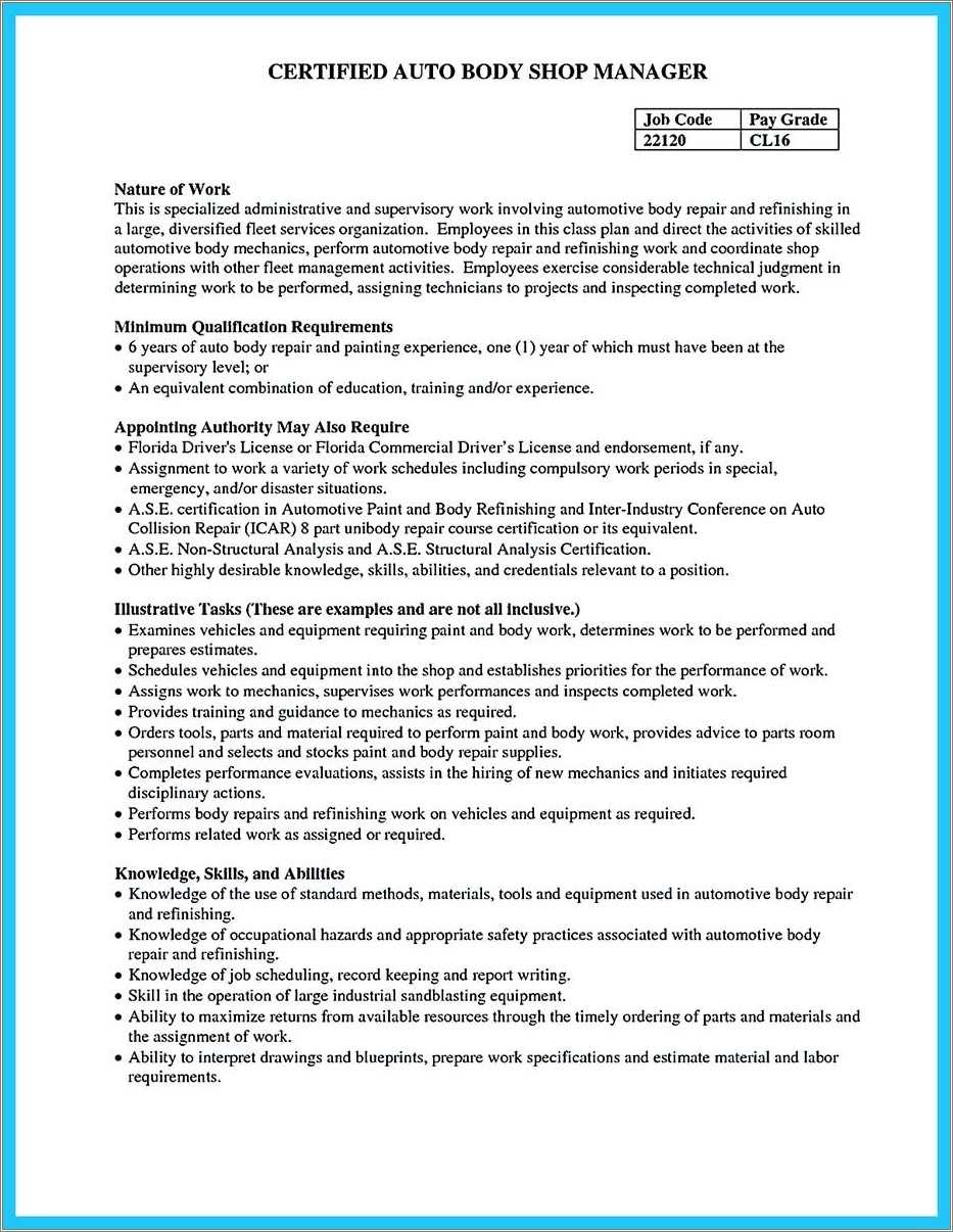 Sample Resume Collision Repair Technician