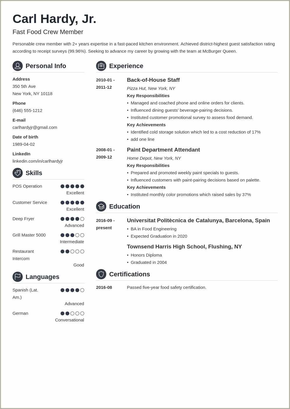 Sample Resume Fast Food Worker