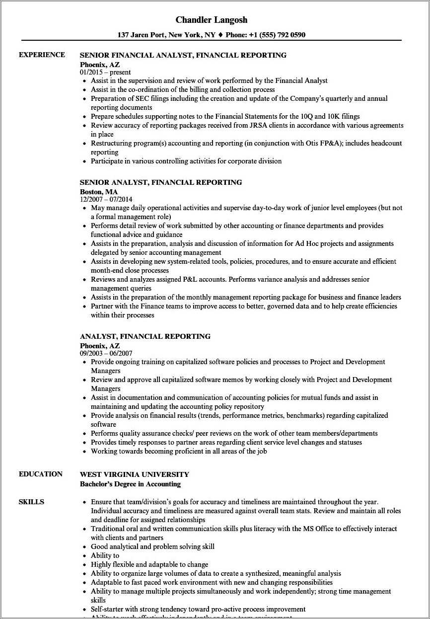 Sample Resume Financial Reporting Manager