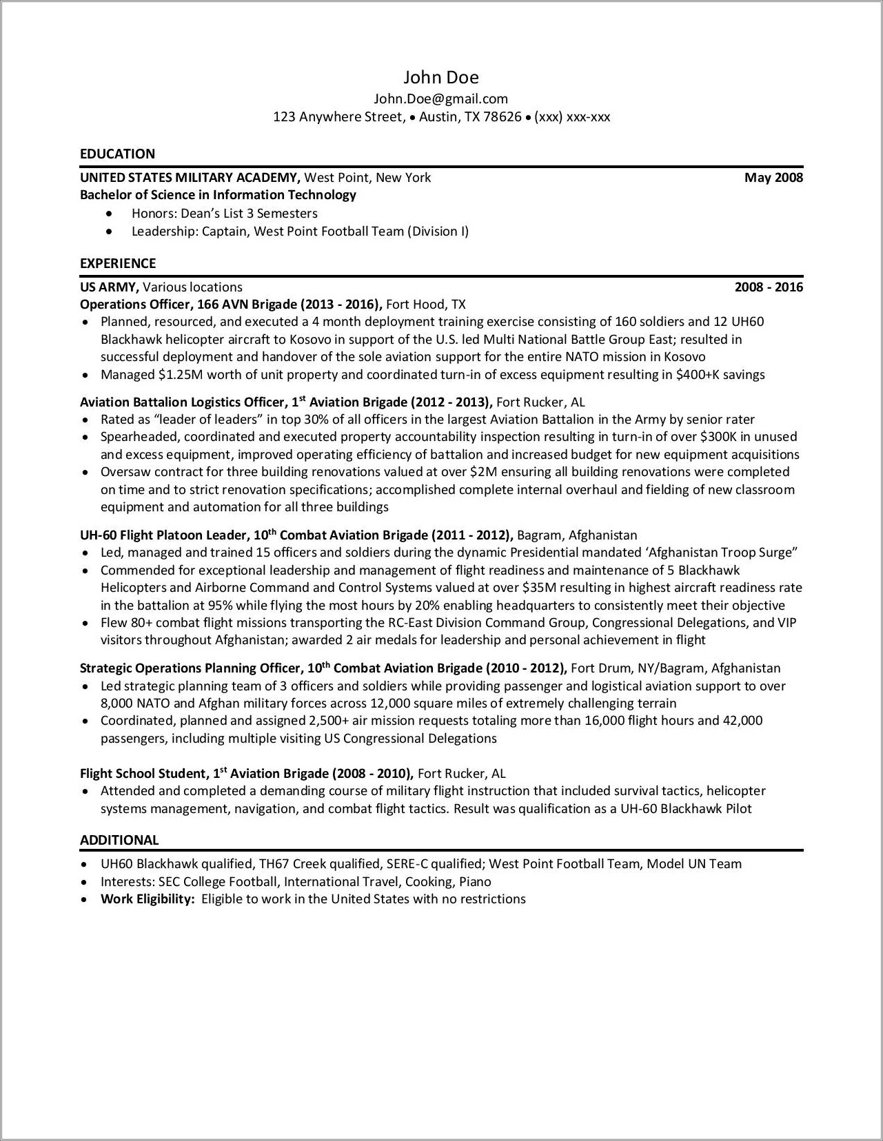 Sample Resume For Army Officer Resume Example Gallery