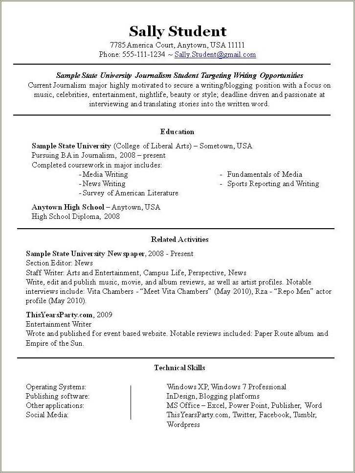 Sample Resume For Journalism Student