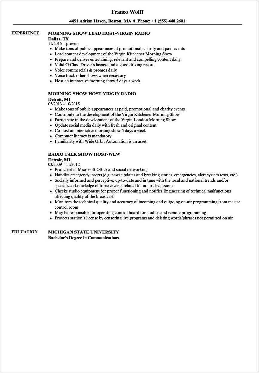 Radio Board Operator Resume Sample Resume Example Gallery