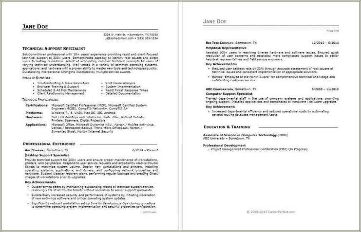 Sample Resumes For Senior Helpdesk