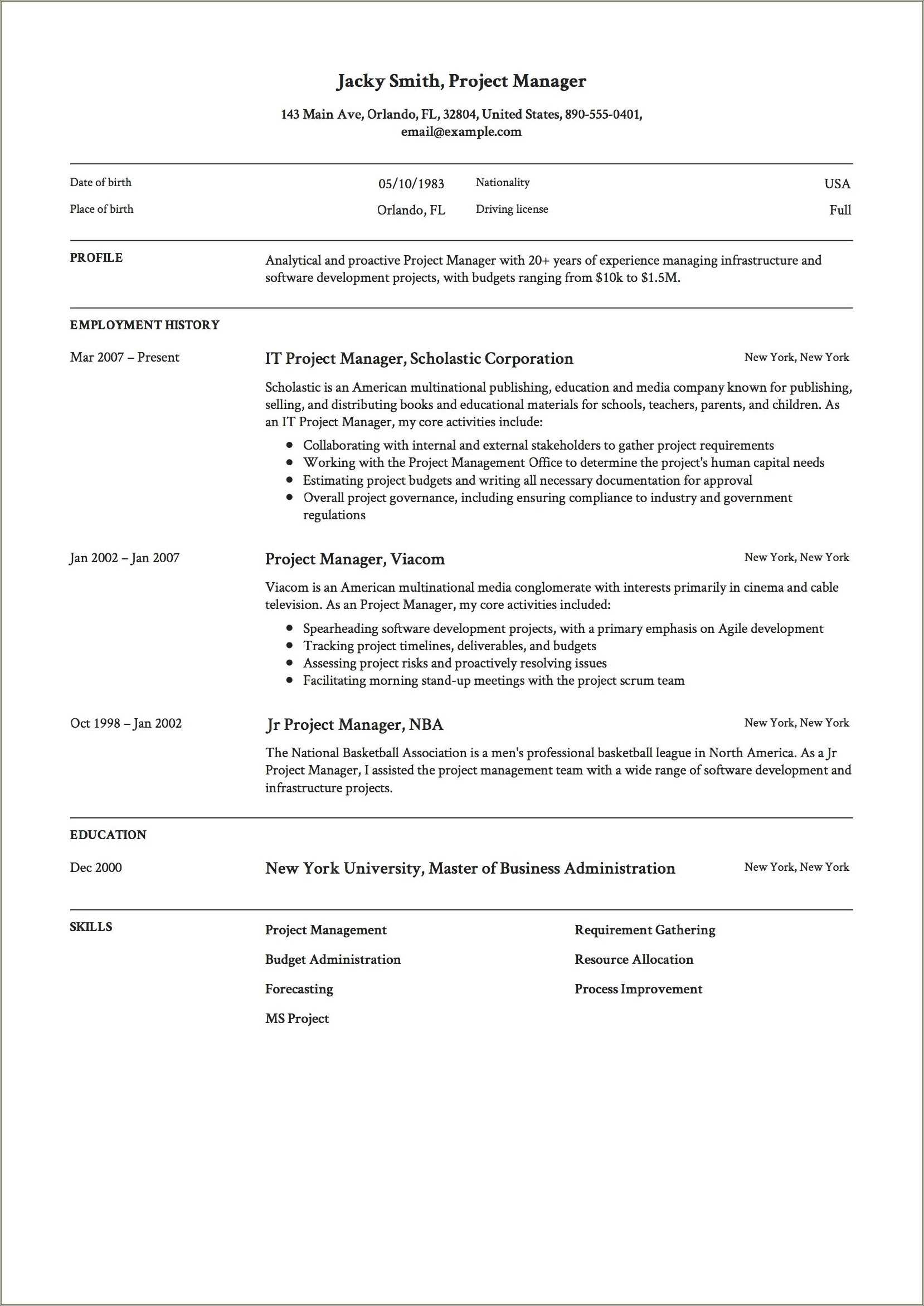 Sample Soft Copy Of Resume
