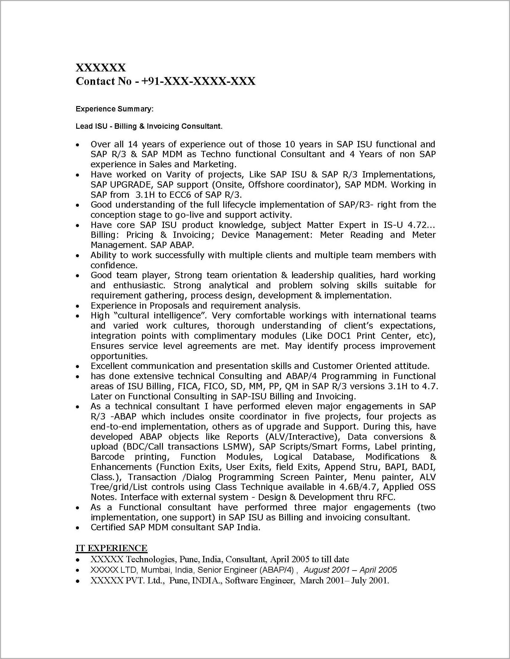 Sap Abap Certified Resume Sample Resume Example Gallery