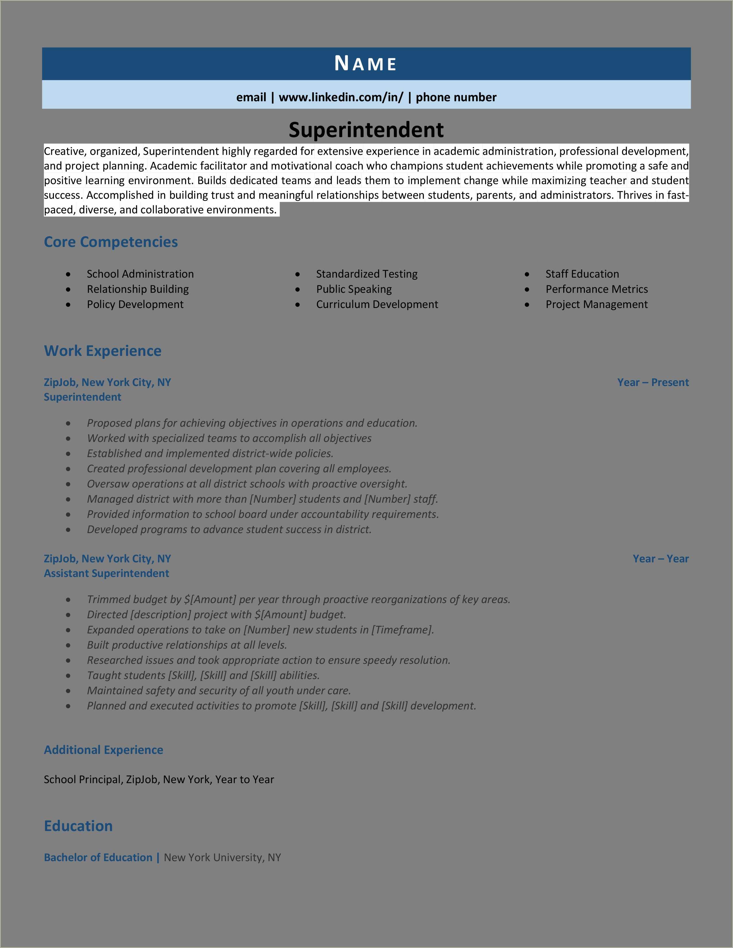 School District Superintendent Resume Sample