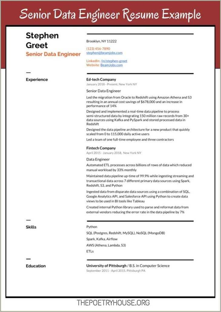 Senior Data Engineer Resume Examples Resume Example Gallery