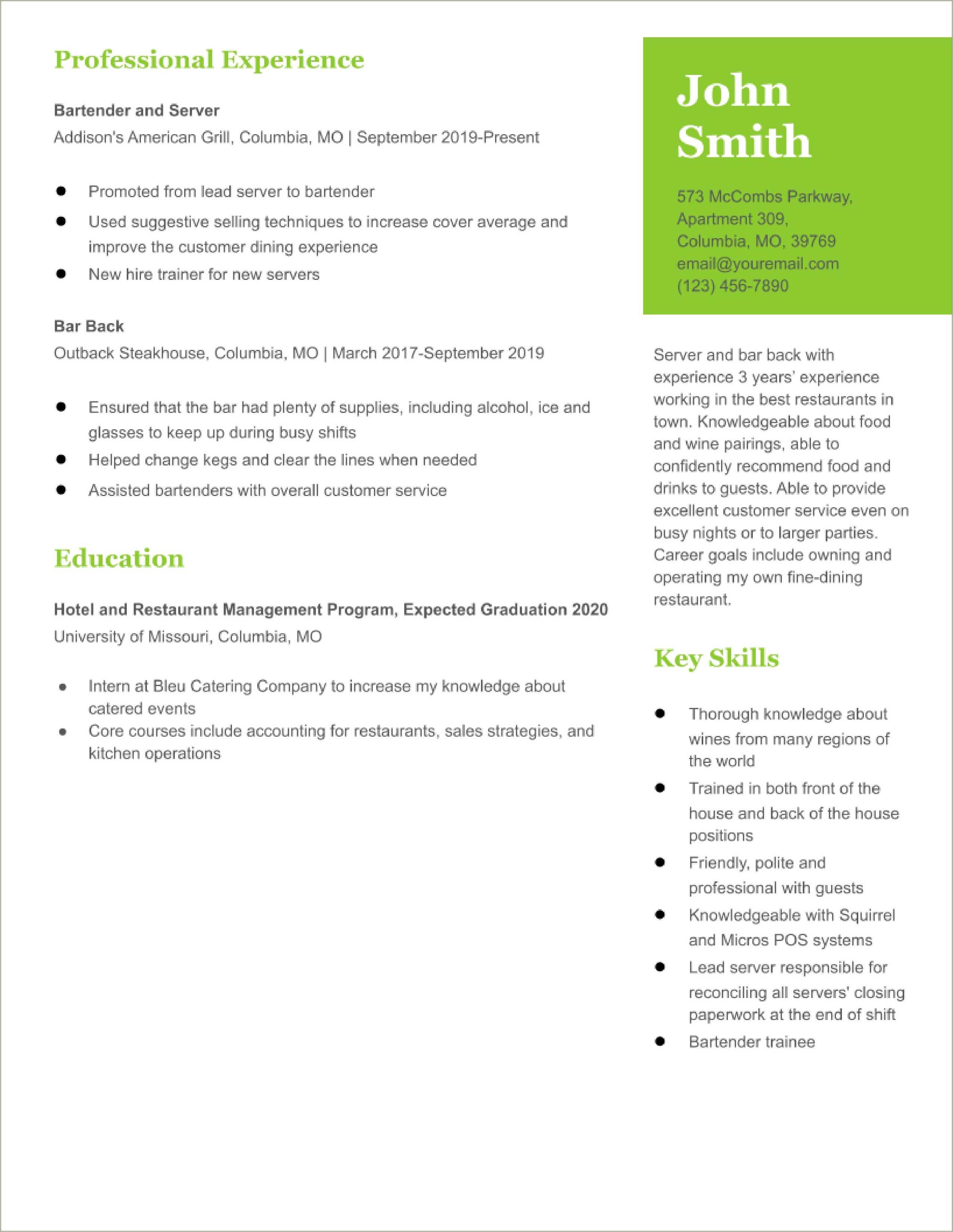 Server and bartender resume examples resume example gallery