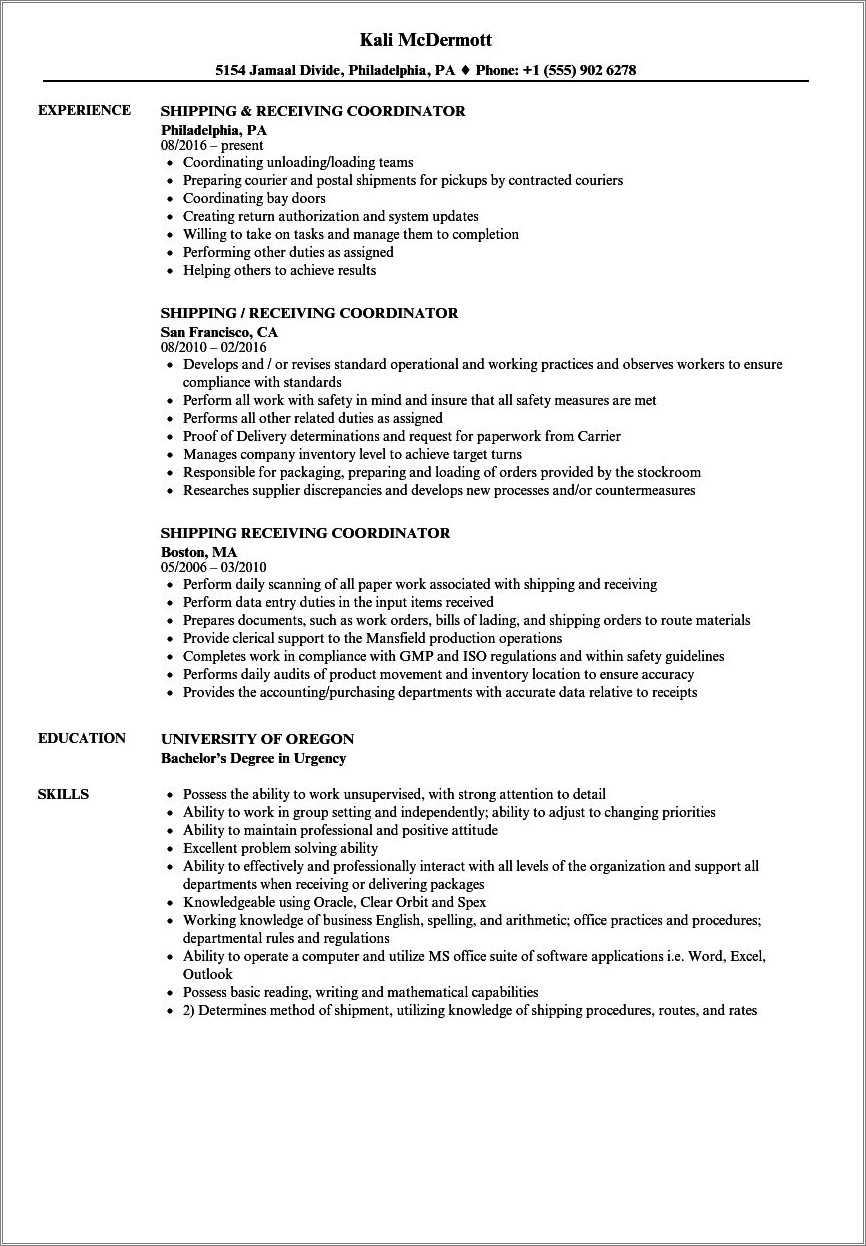 Sample Resume For Shipper And Receiver Resume Example Gallery