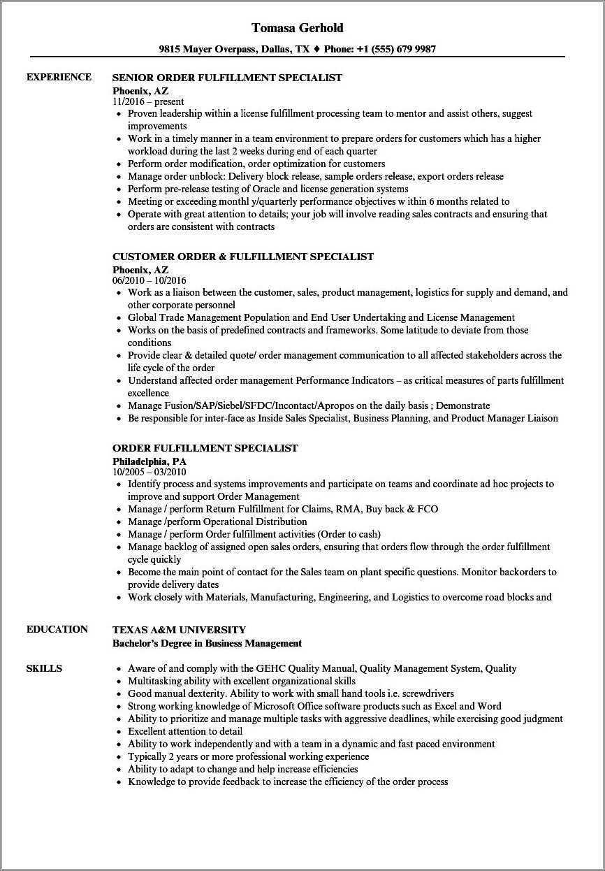 Siebel Order Management Sample Resume