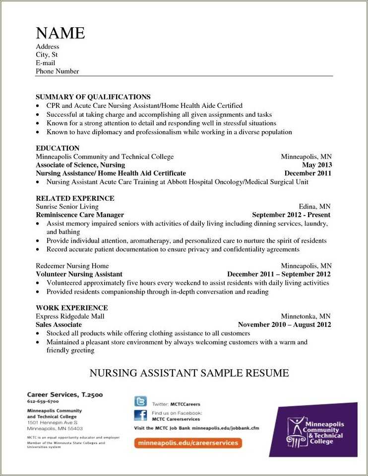 Simple sample resume for cna resume example gallery