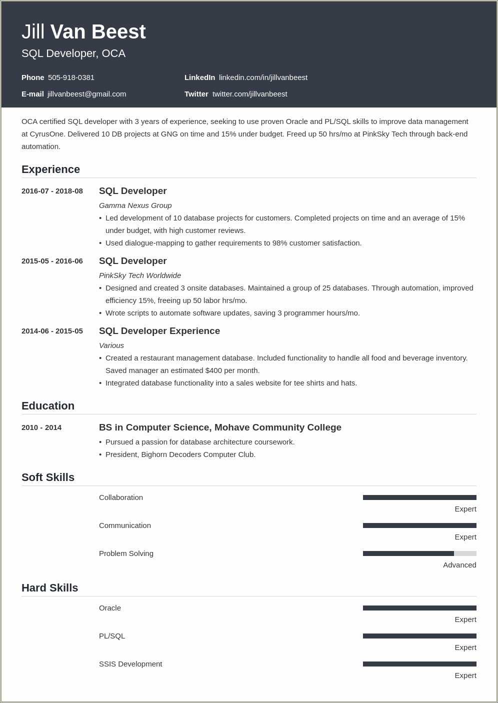 Sql Database Fresher Resume Samples - Resume Example Gallery