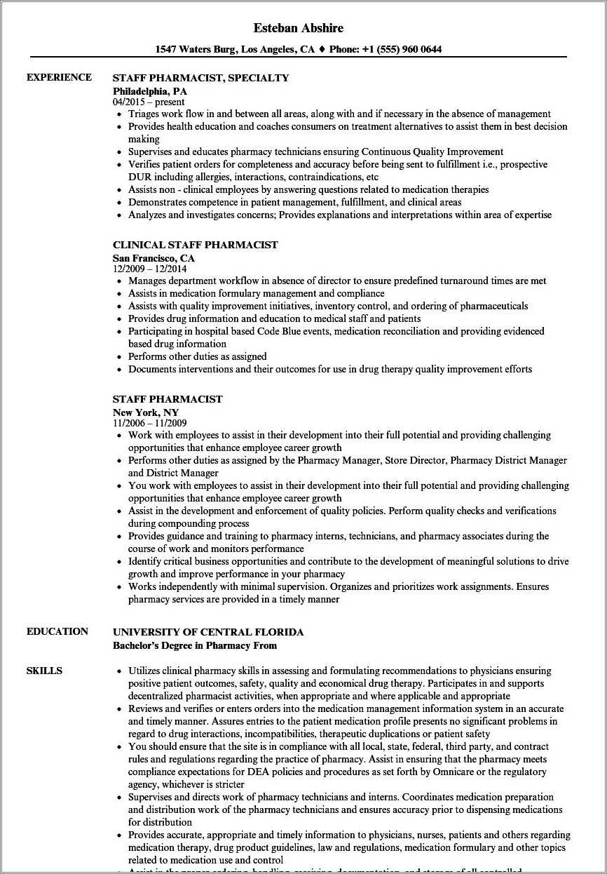 Staff Pharmacist Pharmacist Resume Sample - Resume Example Gallery