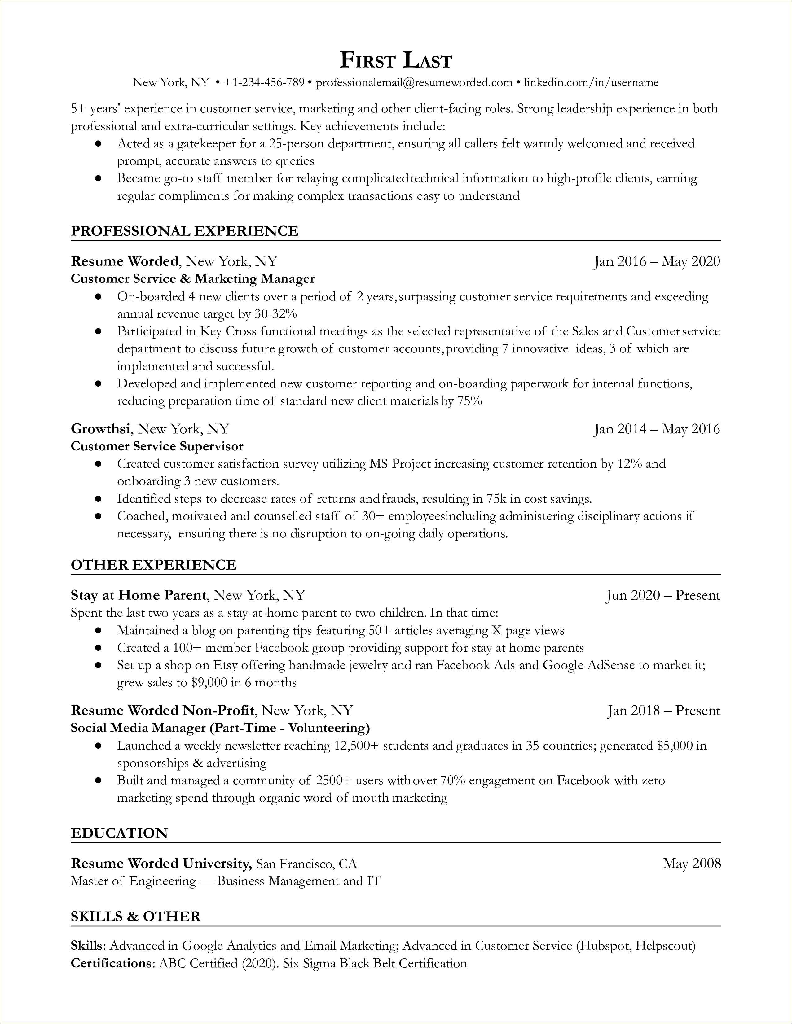 Stay Home Mum Resume Example