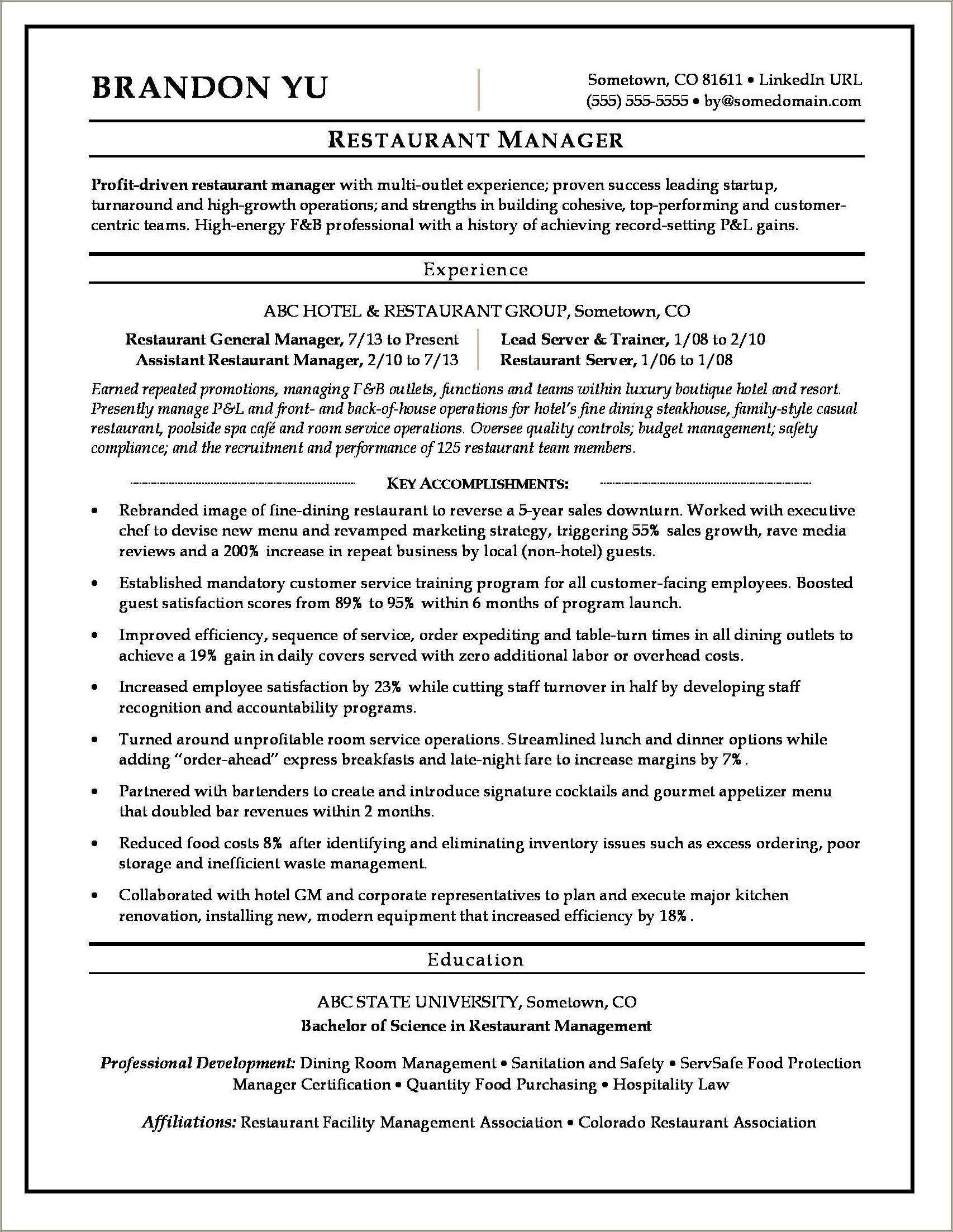 Store Cafe Manager Resume Examples