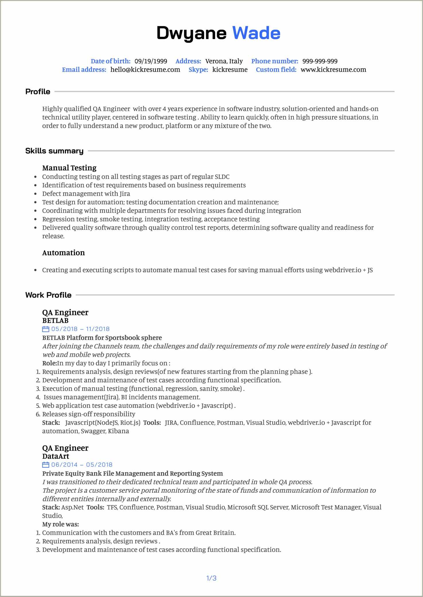 Summary Of Experience Resume Examples Resume Example Gallery